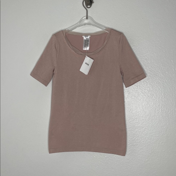 Wolford Tops - New Wolford Pink Nude Short Sleeve Scoop Tulle Trim Neck Stretch Top Size Small